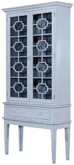 China Cabinet Display Bella Painted Interior, Antiqued White, Glass Doors, Brass