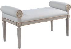 Bench Afton Swedish Carved Wood Pewter Gray Gold Accents Sand Linen Upholstery