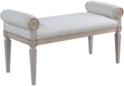 Bench Afton Swedish Carved Wood Pewter Gray Gold Accents Sand Linen Upholstery