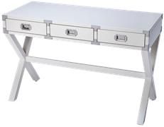 Writing Desk Campaign Military Silver Hardware White Distressed Rubberwood
