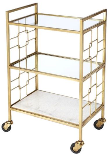 Bar Cart Modern Contemporary Distressed Polished Gold Shiny Brass White Glass