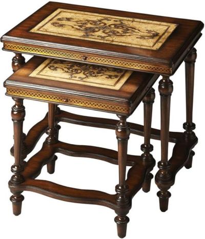 Nesting Tables Art Nouveau Turned Legs Distressed Heritage Set 2 Brass Apron