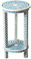 Accent Table Moroccan Round Distressed Heritage Blue Bone Solid Wood Inlay