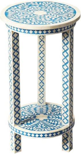 Accent Table Moroccan Round Distressed Heritage Blue Bone Solid Wood Inlay
