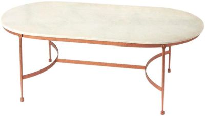 Cocktail Table Modern Contemporary Stretcher Base Oval Distressed Copper White