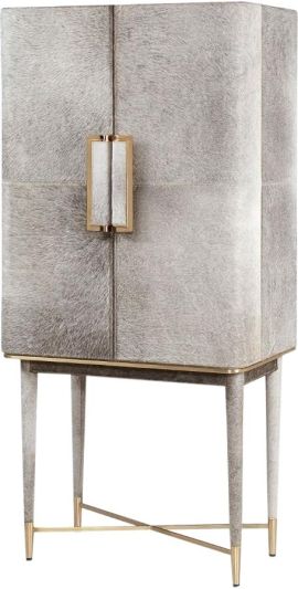 Bar Cabinet BUNGALOW 5 FLORIAN Tall Polished Brass Hardware Gray Mirrored Back