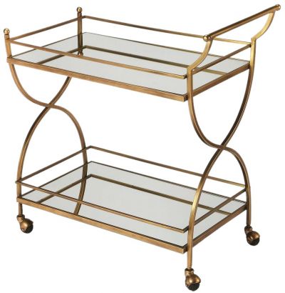 Bar Cart Modern Contemporary Distressed Antique Gold Mirrored Glass Stainless