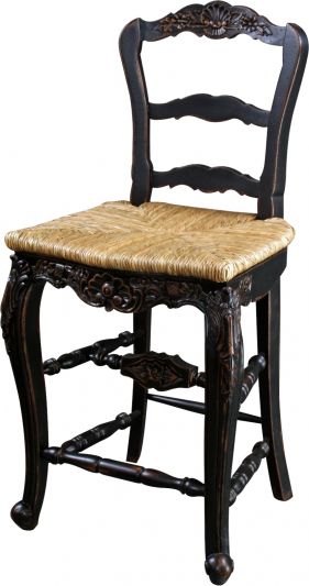 Bar Stool French Country Farmhouse Blackwash Floral Wood Carving Hand Rush Seat