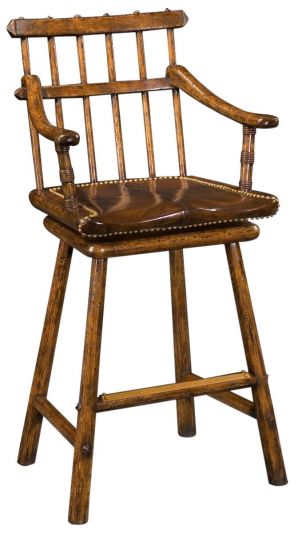 Bar Stool Woodbridge Tudor Oak With Arms Revolving Brown Studded Leather Seat