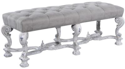 Bed Bench Catalan White Ornate Wood Stretcher Scrolled Legs, Tufted Fabric