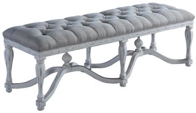 Bed Bench King Henry White Ornate Wood Stretcher Finials Tufted Gray Linen Seat