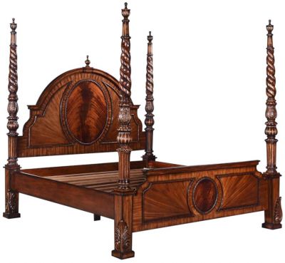 Bed Queen Traditional 4-Poster Inlaid Flame Mahogany Cameo Arched Spiral