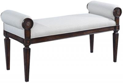 Bench Afton Swedish Carved Wood Dark Rustic Pecan Sand Linen Upholstery
