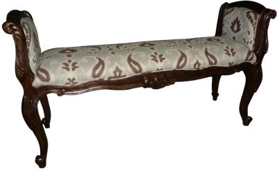 Bench Carved French Legs Medallion Serpentine Arms Blue Chenille Fabric Walnut