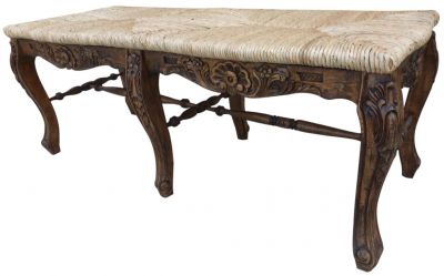 Bench French Country Farmhouse Wood Pecan Floral Carving Hand Woven Rush Seat