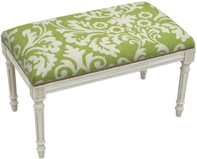 Bench Jacobean Floral Flowers Antique White Wash Chartreuse Green Antiqued