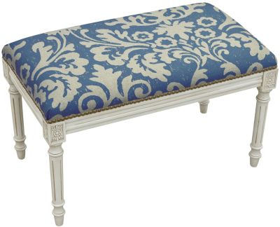 Bench Jacobean Floral Flowers Antique White Wash Navy Antiqued Blue
