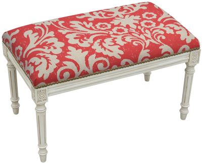 Bench Jacobean Floral Flowers Red Antique White Wash Antiqued Linen Upholstery