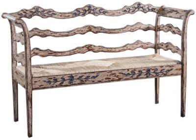 Bench Swedish Distressed White Carved, HandWoven Rush, Mortise Tenon