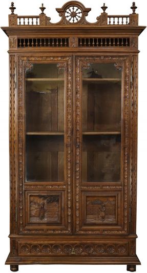 Bookcase Antique Brittany French Carved Country People Figures Glass 2-Door 1890