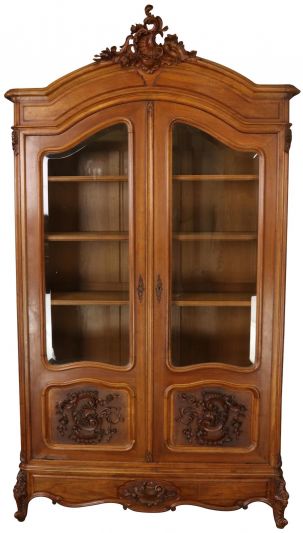 Bookcase Louis XV Antique French Rococo 1880 Carved Shells Walnut Glass 2-Doors