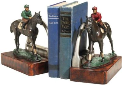 Bookends Bookend EQUESTRIAN Traditional Antique 2 Race Horses with Jockey Green