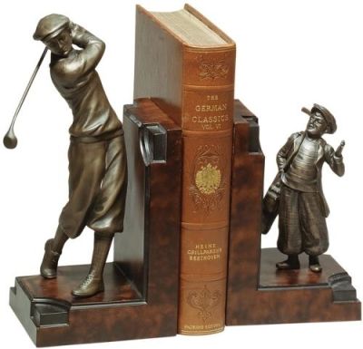 Bookends Bookend GOLF Traditional Antique Golfer and Caddy Chocolate Brass