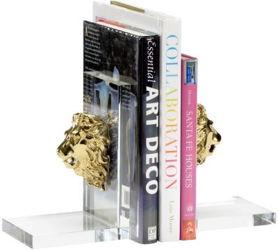 Bookends Bookend Lion Head Polished Brass Clear White Pair Crystal Iron