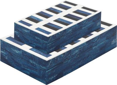 Box Contemporary White Checkered Blue Set 2 Polyresin Poly