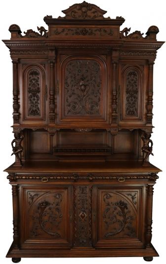 Buffet Henry II Antique French Renaissance 1900 Walnut Wood Carved Jesters