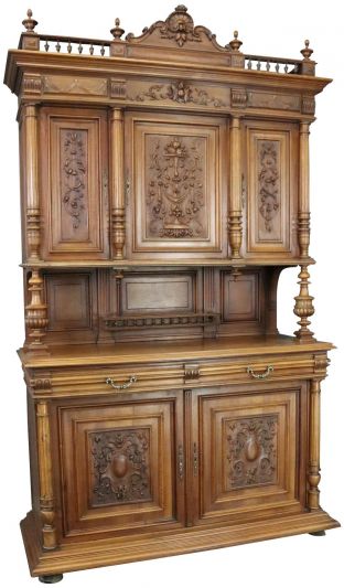 Buffet Henry II Renaissance Antique 1900 Carved Walnut Wood 5-Door 2-Drawer