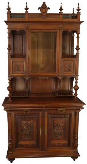 Buffet Henry II Renaissance Walnut Wood Majestic Antique French 1900 Glass Door