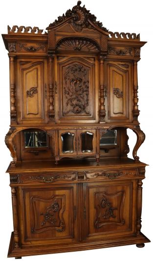 Buffet Sideboard Antique Louis XV French Rococo 1900 Carved Walnut Glass Mirrors