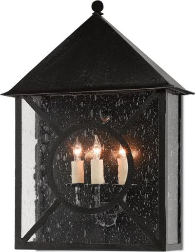 Outdoor Wall Sconce CURREY RIPLEY Large 3-Light Midnight Black Wrought Iron