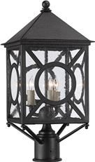 Post Light CURREY RIPLEY 3-Light Small Midnight Black Glass Seeded Wrought Iron