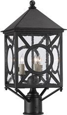 Post Light CURREY RIPLEY Small 3-Light Midnight Black Glass Seeded Wrought Iron