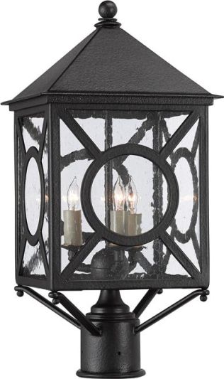 Post Light CURREY RIPLEY 3-Light Small Midnight Black Glass Seeded Wrought Iron