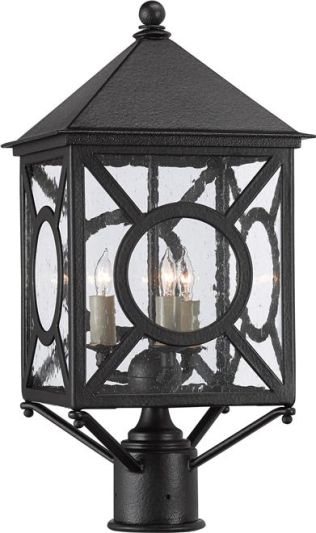 Post Light CURREY RIPLEY Small 3-Light Midnight Black Glass Seeded Wrought Iron