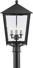 Post Light CURREY BENING Small 3-Light Midnight Black Wrought Iron Seeded Glass