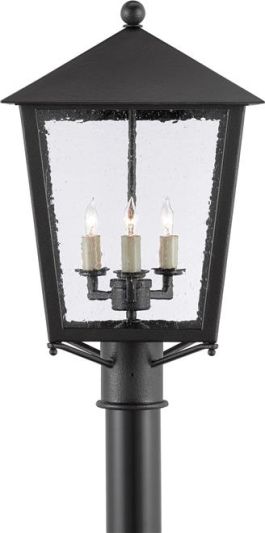Post Light CURREY BENING Small 3-Light Midnight Black Wrought Iron Seeded Glass