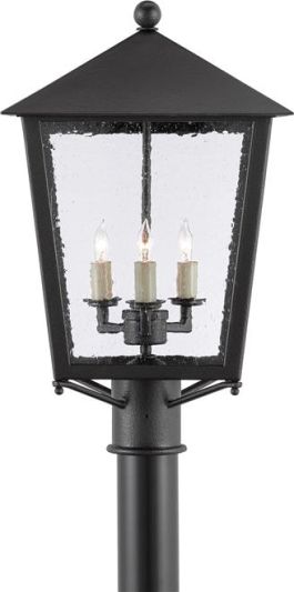 Post Light CURREY BENING 3-Light Small Midnight Black Wrought Iron Glass Seeded