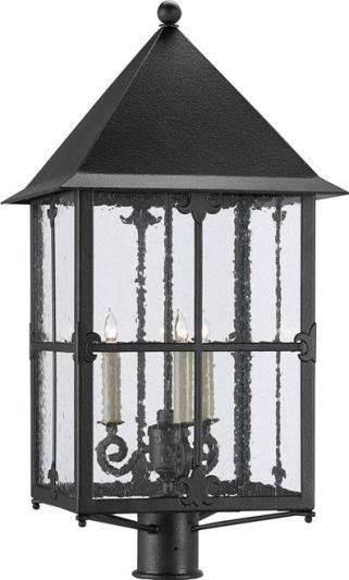 Post Light CURREY FARACY Large 3-Light Midnight Black Glass Wrought Iron Seeded