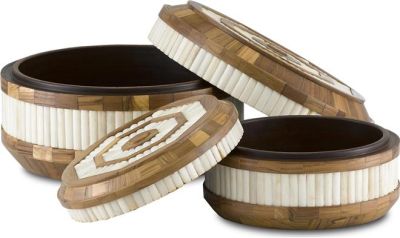 Box CURREY BANJHARA Round Natural Bone Teak Set 2 Wood