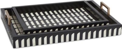 Tray CURREY SWOOP Mid-Century Modern Black White Brass Natural Set 2 Wood Bone
