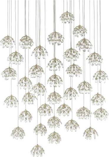 Pendant Light CURREY CRYSTAL BUD 36-Light Painted Silver Contemporary Leaf Cord