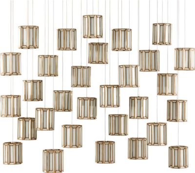 Pendant Light CURREY DAZE 30-Light Silver Cord White Milk Glass Antique Brass