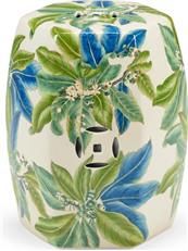 Garden Seat Stool FLORAL Off-White Crackle Glaze Green Blue Porcelain