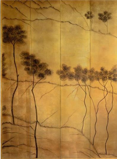 Wall Art Panels Landscape Black Antique Gold Leaf Wood