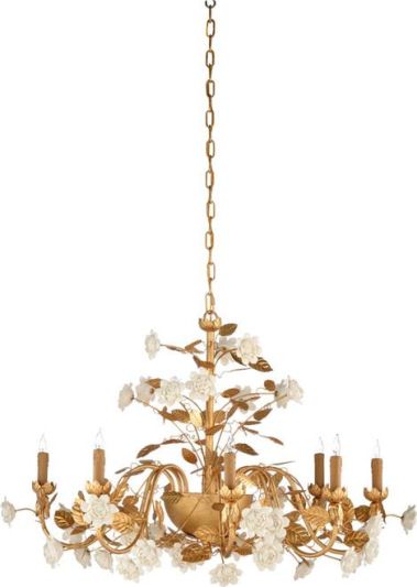 Chandelier QUEENSLAND 8-Light Antique Gold Leaf White Iron Ceramic Hardwire