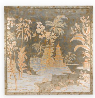 Wall Panel Chinoiserie Asian Oyster Gray Wood Hand-Painted Painted
